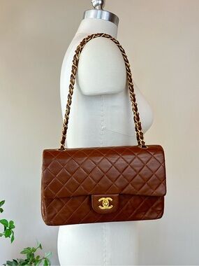 CHANEL Vintage Quilted Lambskin Double Flap Bag Caramel Series 1